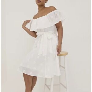 TORRID NWT OFF-THE-SHOULDER TIE-WAIST SKATER DRESS - CHALLIS WHITE EMBRO…